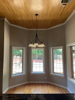 unfurnished dining area featuring wooden ceiling, light hardwood / wood-style flooring, and a wealth of natural light