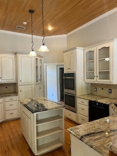 kitchen featuring hanging light fixtures, dark hardwood / wood-style floors, wooden ceiling, a center island, and stainless steel double oven