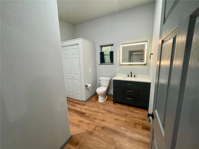 bathroom featuring toilet, vanity, and hardwood / wood-style floors