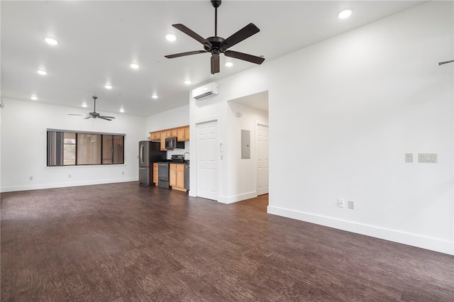 unfurnished living room with a wall mounted air conditioner, electric panel, and dark wood-type flooring