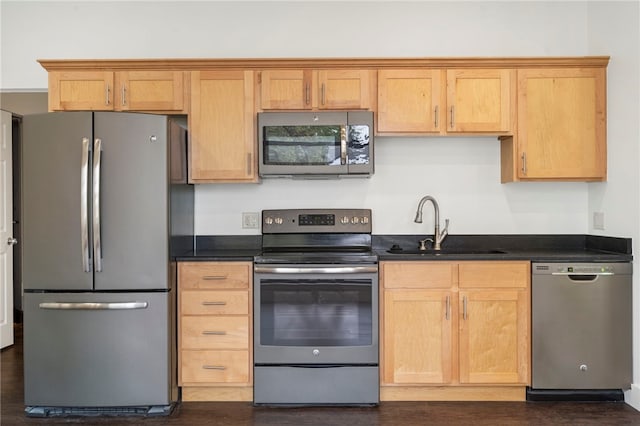 kitchen featuring sink, light brown cabinets, dark wood-type flooring, and stainless steel appliances