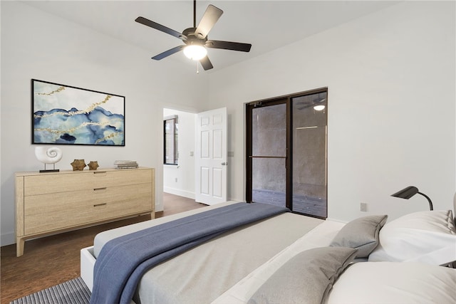 bedroom with ceiling fan, access to outside, and dark hardwood / wood-style flooring