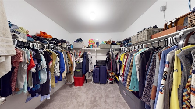 walk in closet featuring light carpet