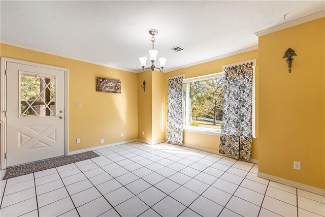 tiled empty room with a notable chandelier, ornamental molding, and a healthy amount of sunlight