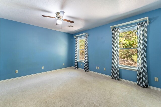 carpeted spare room with ceiling fan, a textured ceiling, and plenty of natural light