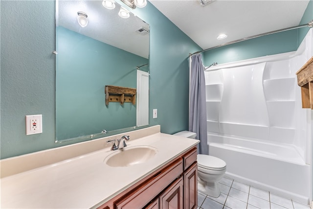 full bathroom with vanity, toilet, shower / bathtub combination with curtain, and tile patterned floors