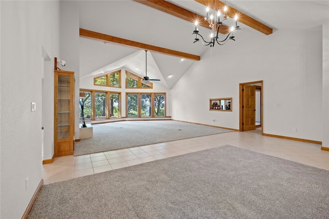 unfurnished living room with light colored carpet, beamed ceiling, ceiling fan with notable chandelier, and high vaulted ceiling