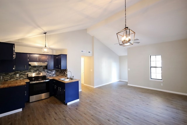 kitchen with dark hardwood / wood-style flooring, backsplash, sink, electric stove, and decorative light fixtures