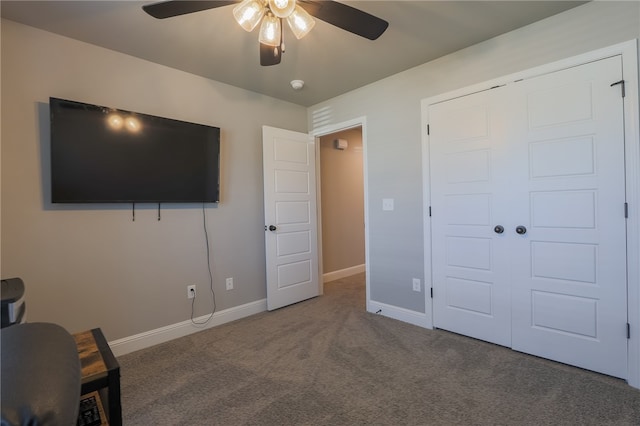 bedroom with carpet floors, a closet, and ceiling fan