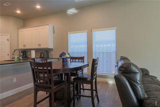 dining room featuring sink and dark hardwood / wood-style flooring