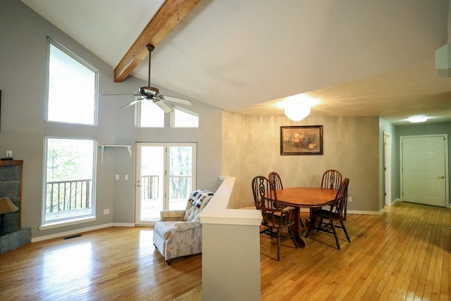 dining space with beam ceiling, light hardwood / wood-style flooring, high vaulted ceiling, and ceiling fan