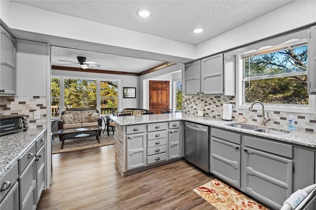 kitchen with stainless steel dishwasher, plenty of natural light, kitchen peninsula, and sink