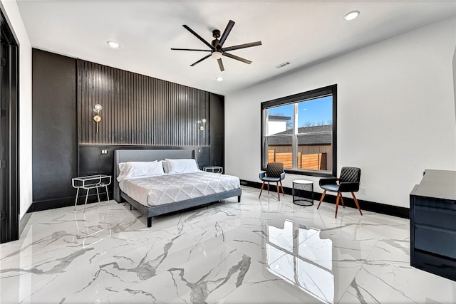 bedroom featuring ceiling fan