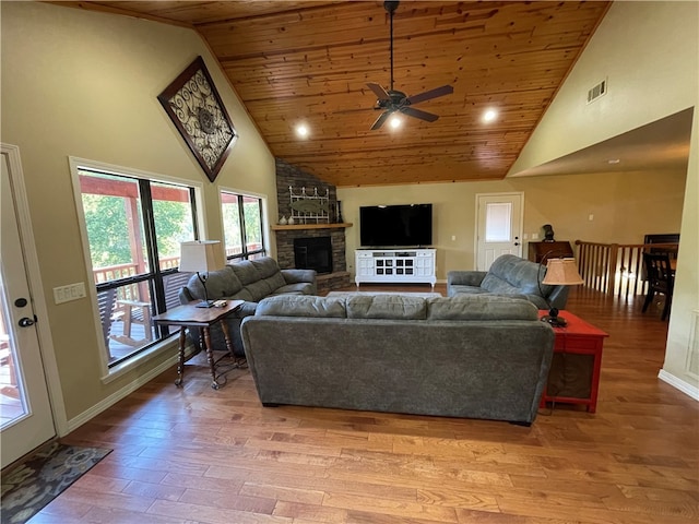 living room with wood ceiling, high vaulted ceiling, hardwood / wood-style flooring, and ceiling fan