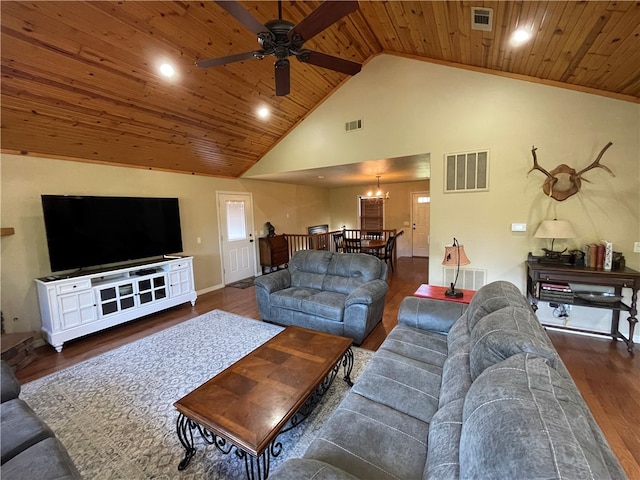 living room with ceiling fan with notable chandelier, high vaulted ceiling, dark wood-type flooring, and wood ceiling