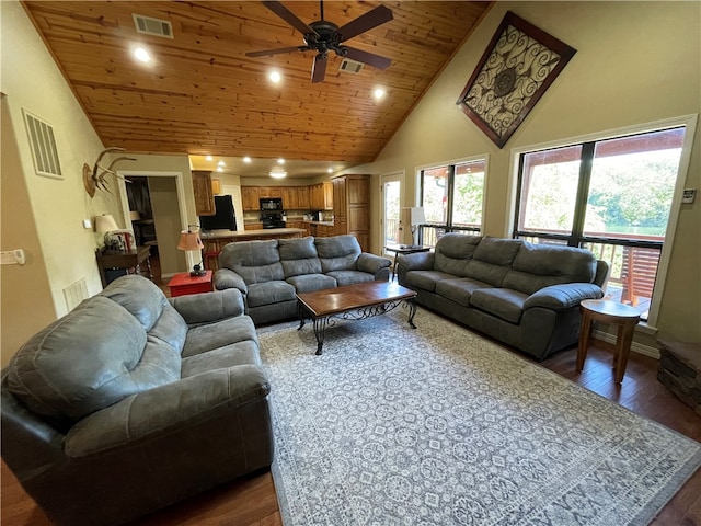 living room with dark wood-type flooring, wooden ceiling, high vaulted ceiling, and ceiling fan