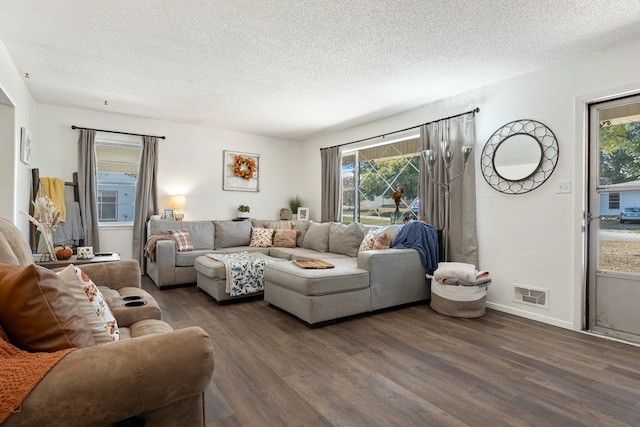 living room with dark hardwood / wood-style floors and a textured ceiling