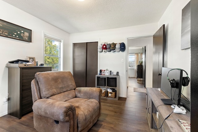 living area with dark wood-type flooring and a textured ceiling