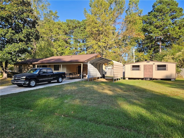 view of front of home with a front lawn and a shed