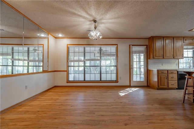 kitchen featuring light wood-type flooring, a textured ceiling, and a healthy amount of sunlight