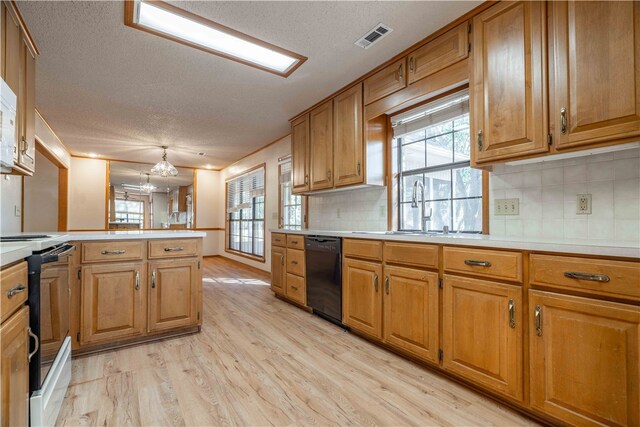 kitchen with light hardwood / wood-style flooring, plenty of natural light, black dishwasher, and white stove