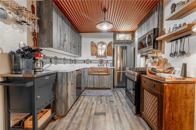 kitchen featuring wooden ceiling, sink, light hardwood / wood-style flooring, and appliances with stainless steel finishes