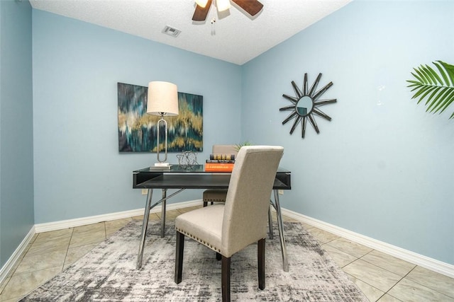 1 Hartlepool Dr, Bella Vista, AR 72715 - tiled home office featuring visible vents, baseboards, a ceiling fan, and a textured ceiling