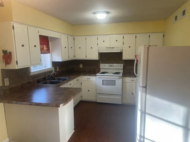 kitchen featuring under cabinet range hood, white appliances, a sink, and tasteful backsplash