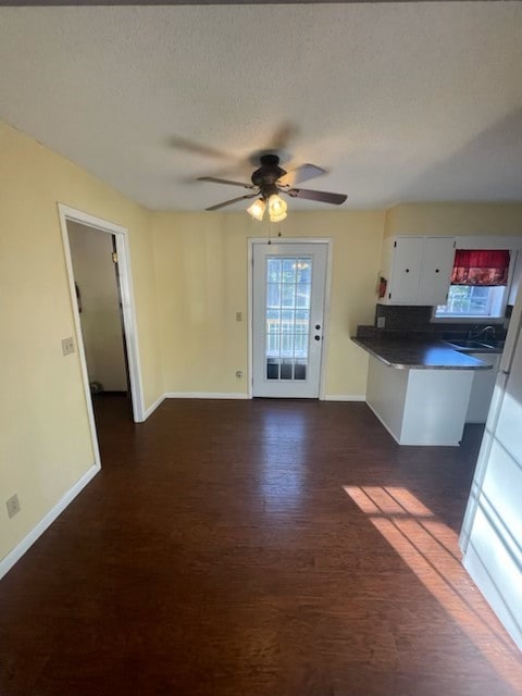 interior space featuring dark wood-style floors, a textured ceiling, a sink, baseboards, and a ceiling fan