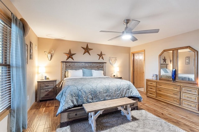 bedroom with ceiling fan and wood-type flooring