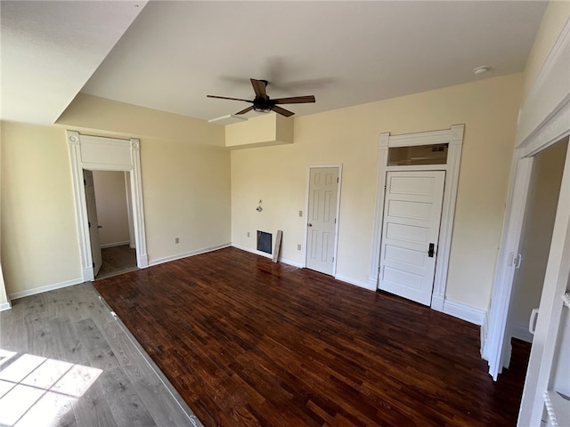 unfurnished bedroom featuring hardwood / wood-style floors and ceiling fan