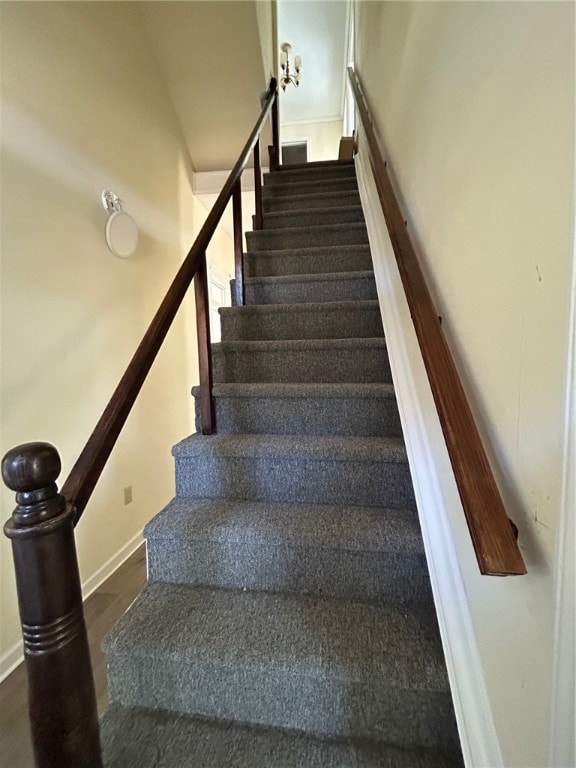 stairway with hardwood / wood-style flooring