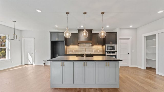 kitchen with backsplash, light hardwood / wood-style floors, pendant lighting, appliances with stainless steel finishes, and an island with sink