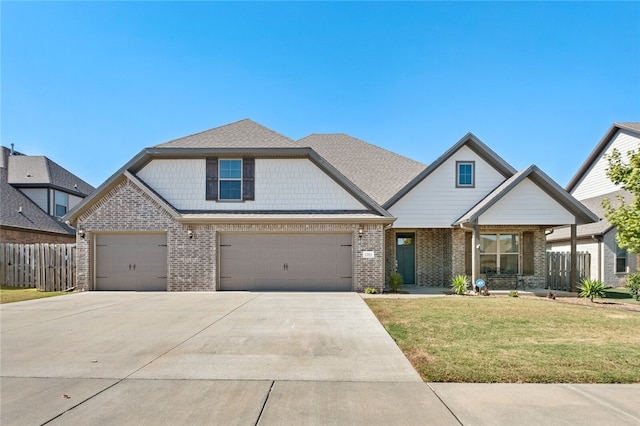 craftsman-style home featuring a garage and a front lawn