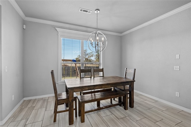 dining space featuring an inviting chandelier, light wood-type flooring, and crown molding