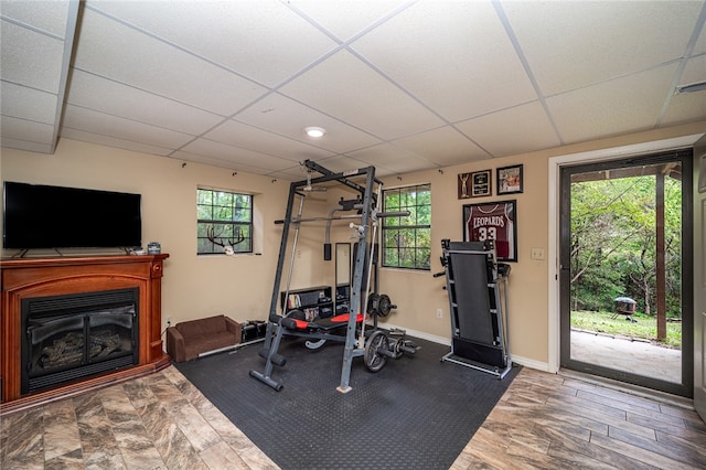 exercise area with hardwood / wood-style flooring, a healthy amount of sunlight, and a paneled ceiling