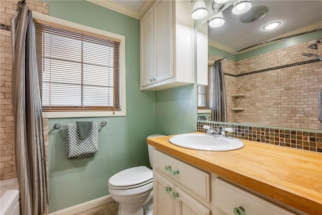 full bathroom with brick wall, ornamental molding, toilet, and shower / tub combo