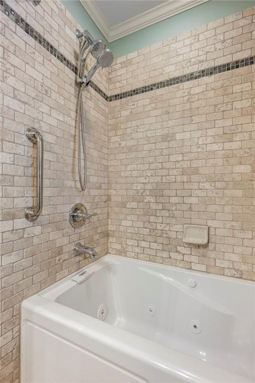 bathroom with a combined bath / shower with jetted tub and crown molding