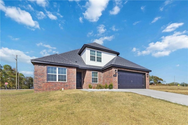 view of front of house featuring concrete driveway, a shingled roof, an attached garage, brick siding, and a front lawn