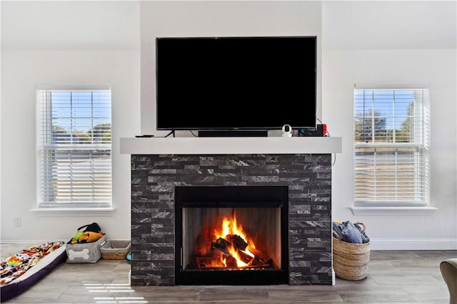 details featuring baseboards and a lit fireplace