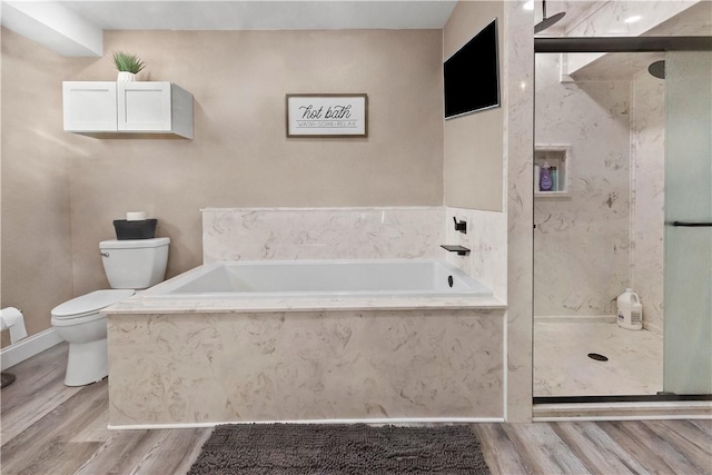 13136 Cedar Grove Rd, Lead Hill, AR 72644 - full bath with a bath, a shower stall, toilet, and wood finished floors