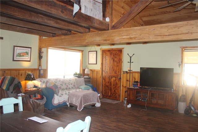 living room featuring beam ceiling, a healthy amount of sunlight, and dark hardwood / wood-style flooring