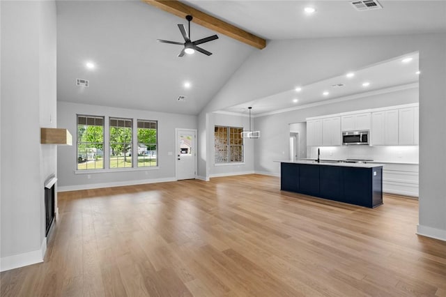 825 Baker St, Pea Ridge, AR 72751 - unfurnished living room with beam ceiling, a fireplace, ceiling fan, visible vents, and baseboards
