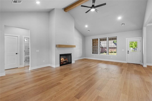 825 Baker St, Pea Ridge, AR 72751 - unfurnished living room with beam ceiling, visible vents, ceiling fan, and high vaulted ceiling