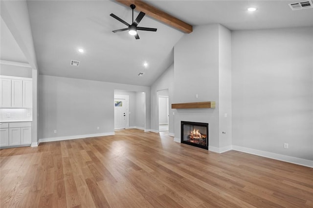 825 Baker St, Pea Ridge, AR 72751 - unfurnished living room with beamed ceiling, a ceiling fan, visible vents, and high vaulted ceiling