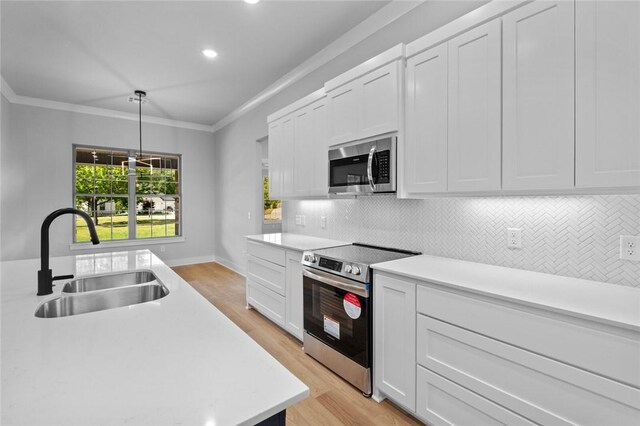 825 Baker St, Pea Ridge, AR 72751 - kitchen featuring crown molding, a sink, appliances with stainless steel finishes, light countertops, and light wood-type flooring
