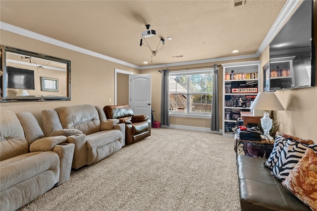 living room featuring ornamental molding, carpet, and a textured ceiling