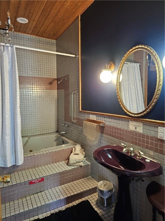 bathroom with tile walls, shower / bath combo, wooden ceiling, and tile patterned floors