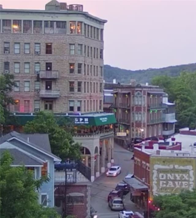 view of outdoor building at dusk