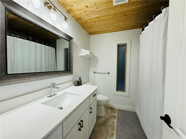 bathroom featuring wooden ceiling, vanity, toilet, and tile patterned floors